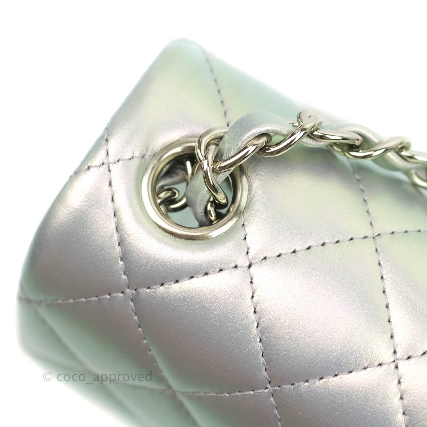 Chanel Mini Square Quilted Iridescent White Lilac Silver Hardware