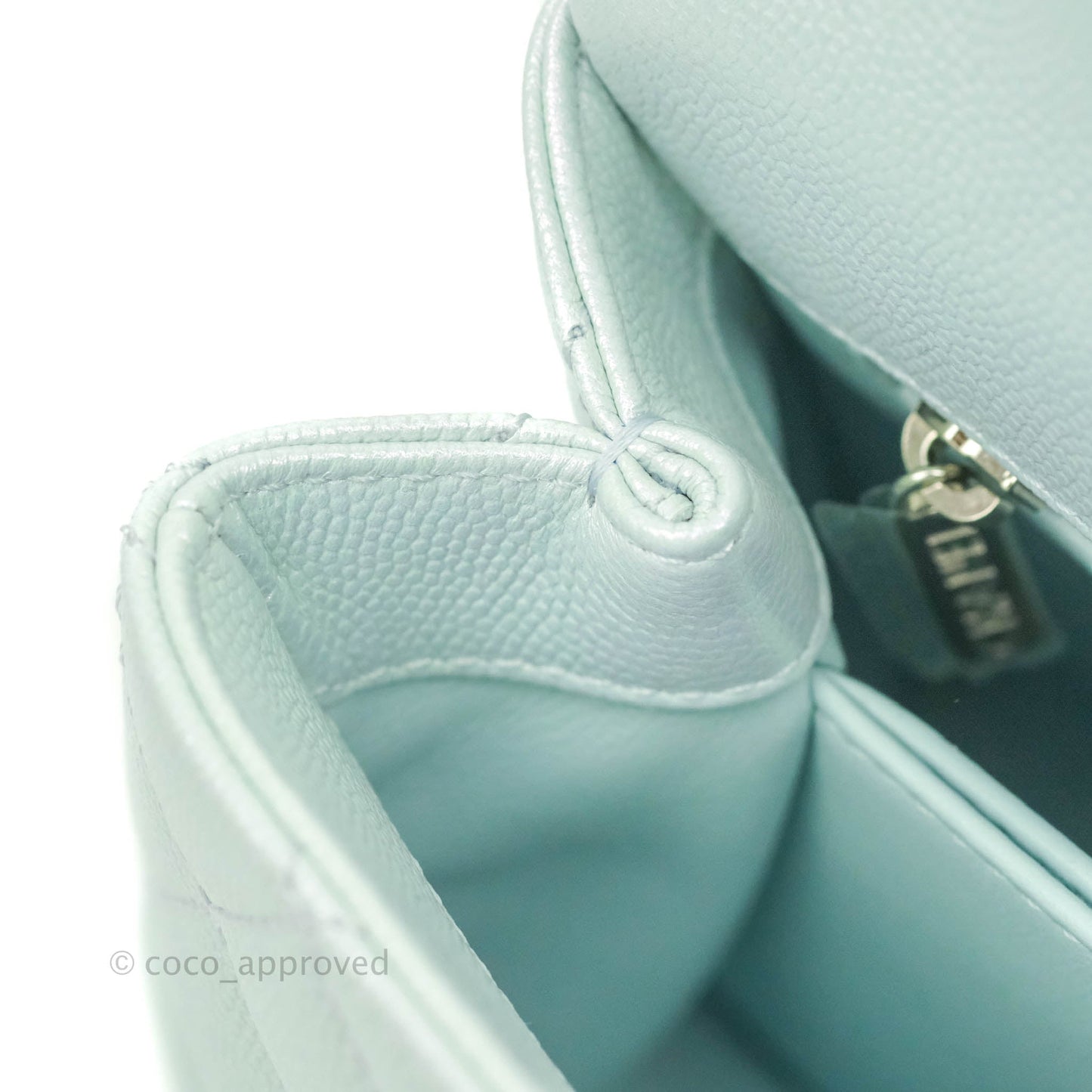 Chanel Mini (Small) Quilted Coco Handle Iridescent Light Blue Caviar Rainbow Hardware