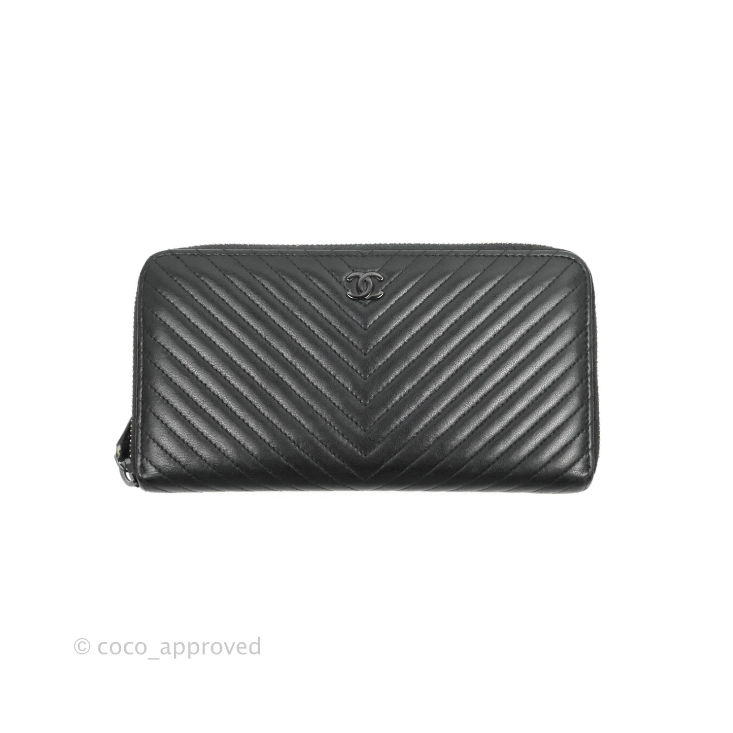 Chanel Chevron Zipped Around Long Wallet All Black Lambskin