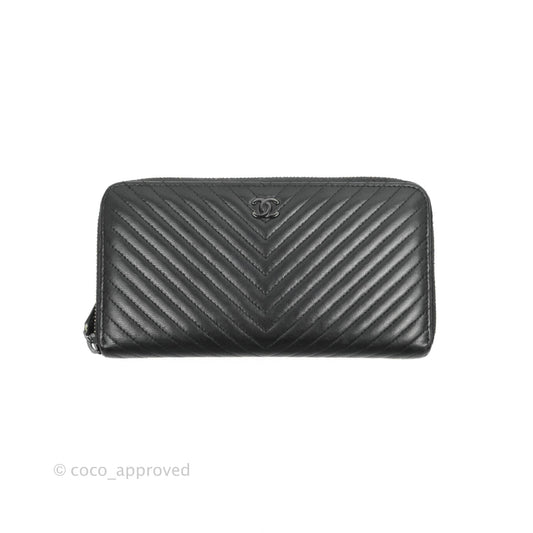 Chanel Chevron Zipped Around Long Wallet All Black Lambskin