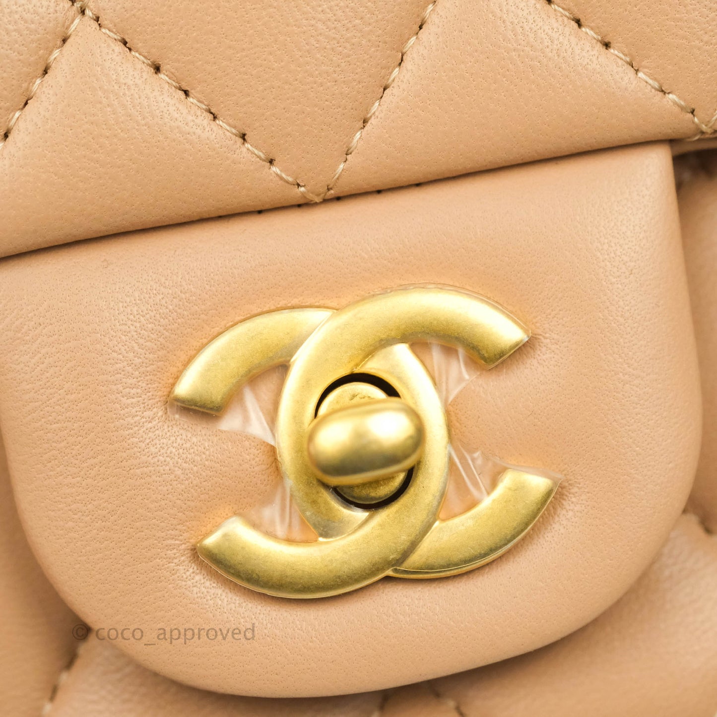 Chanel Top Handle Mini Rectangular Flap Bag Beige Lambskin Aged Gold Hardware