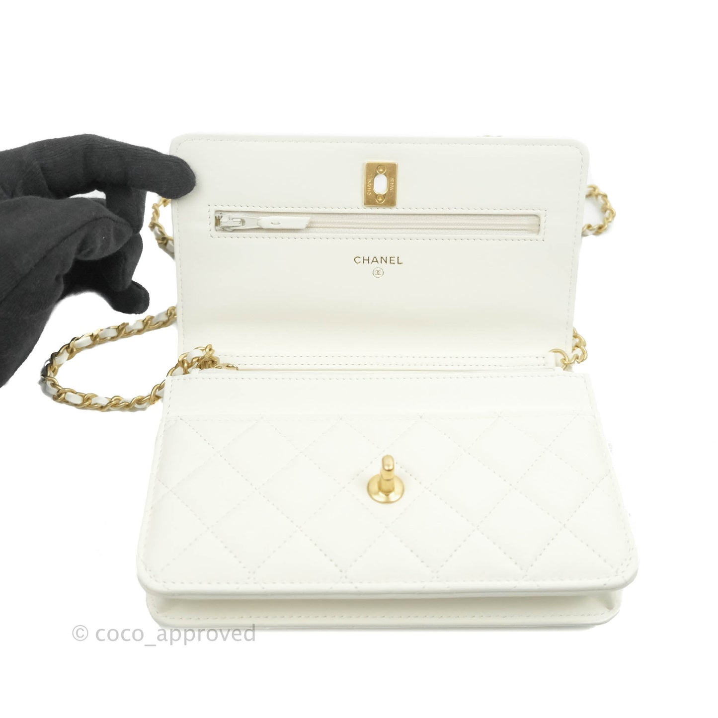 Chanel Quilted Pearl Crush Wallet on Chain WOC White Lambskin Aged Gold Hardware