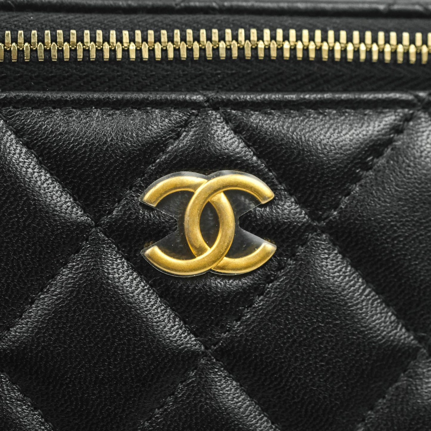 Chanel Classic Vanity Rectangular Top Handle With Chain Black Lambskin Aged Gold Hardware