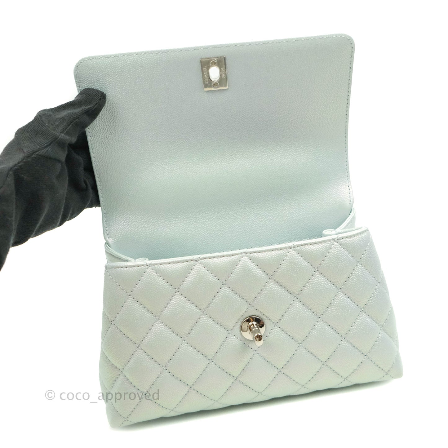 Chanel Mini (Small) Quilted Coco Handle Iridescent Light Blue Caviar Rainbow Hardware