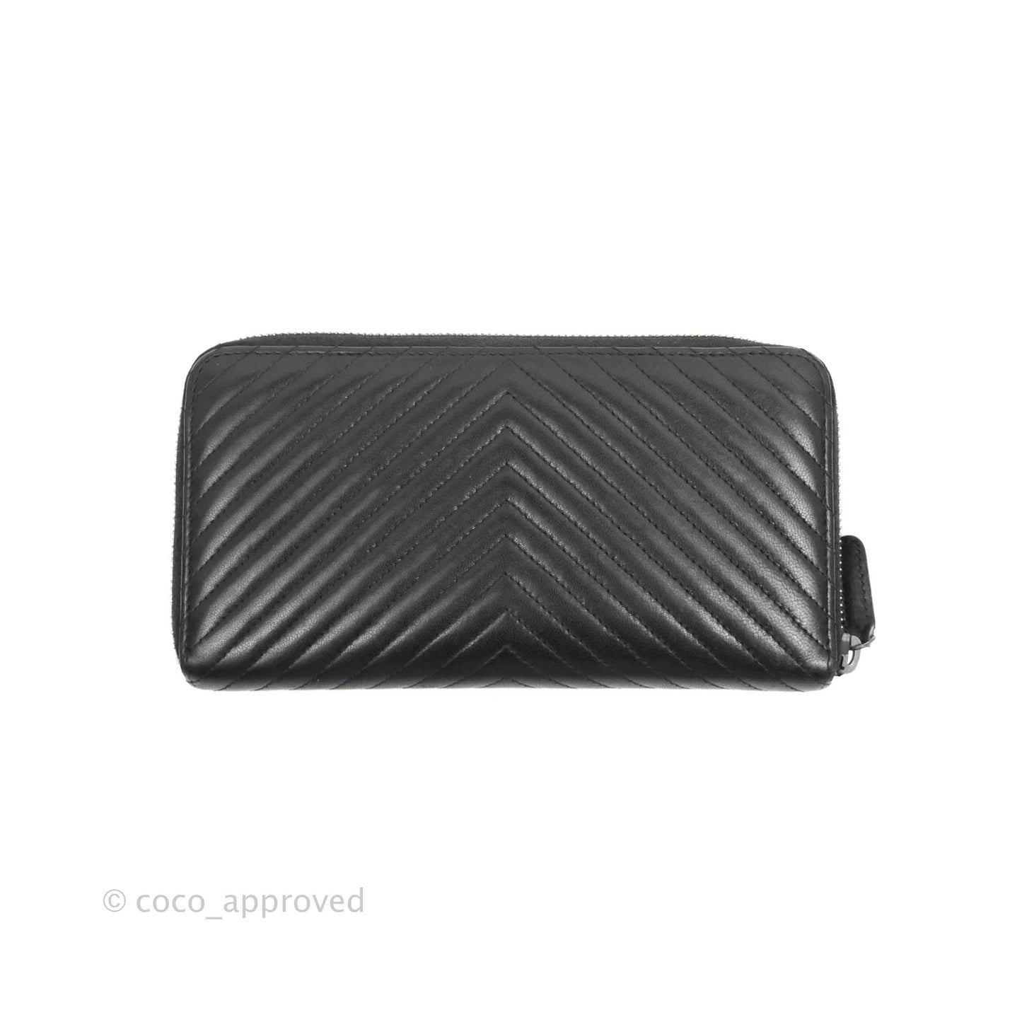 Chanel Chevron Zipped Around Long Wallet All Black Lambskin
