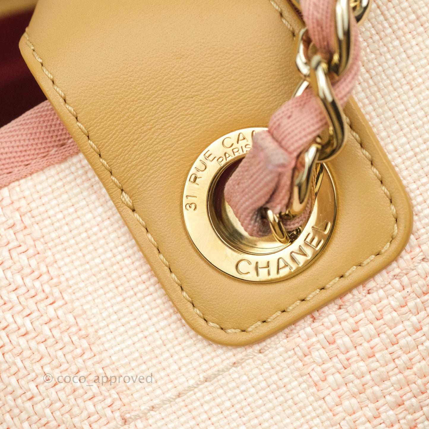 Chanel Large Deauville Pink Stripe Canvas Beige Handle Gold Hardware