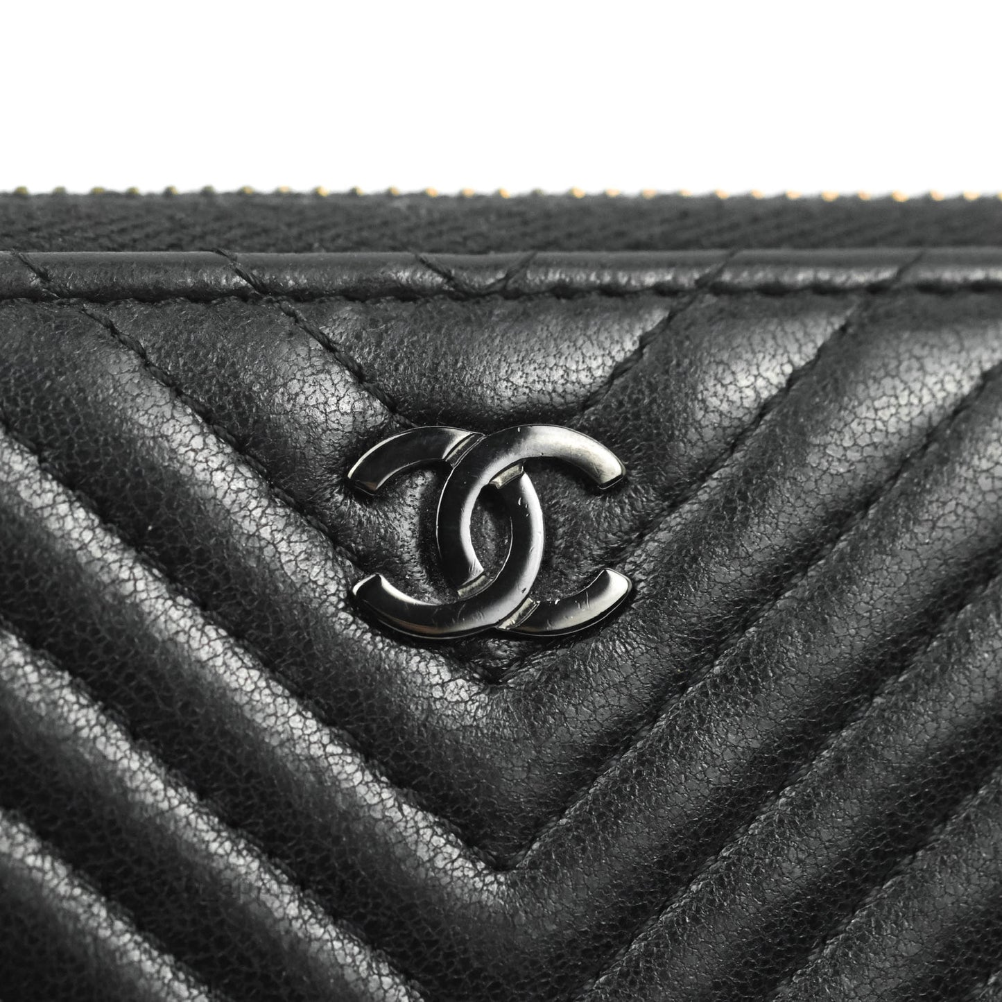 Chanel Chevron Zipped Around Long Wallet All Black Lambskin