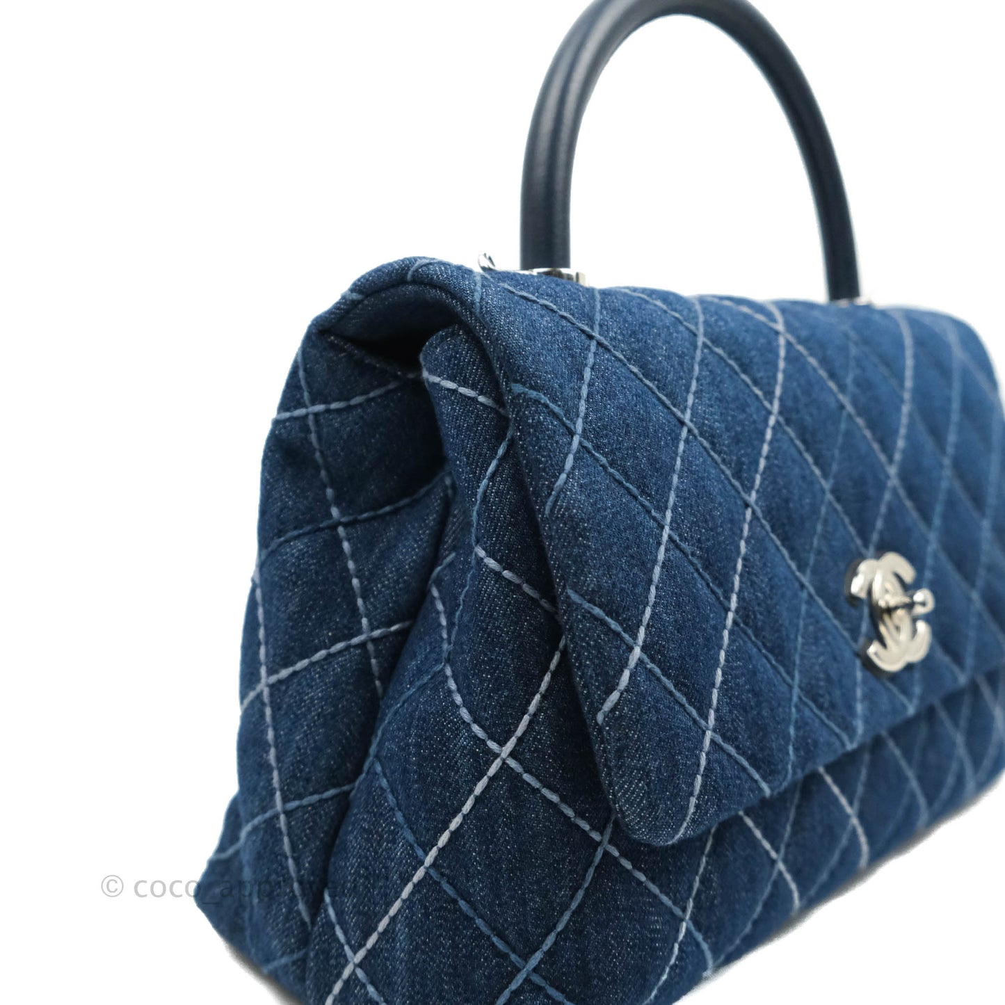 Chanel Medium (Small) Quilted Coco Handle Flap Navy Denim Silver Hardware