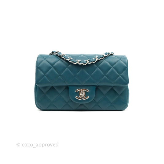 Chanel Classic Mini Rectangular Flap Teal Lambskin Silver Hardware