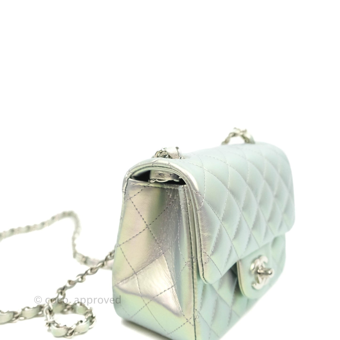 Chanel Mini Square Quilted Iridescent White Lilac Silver Hardware