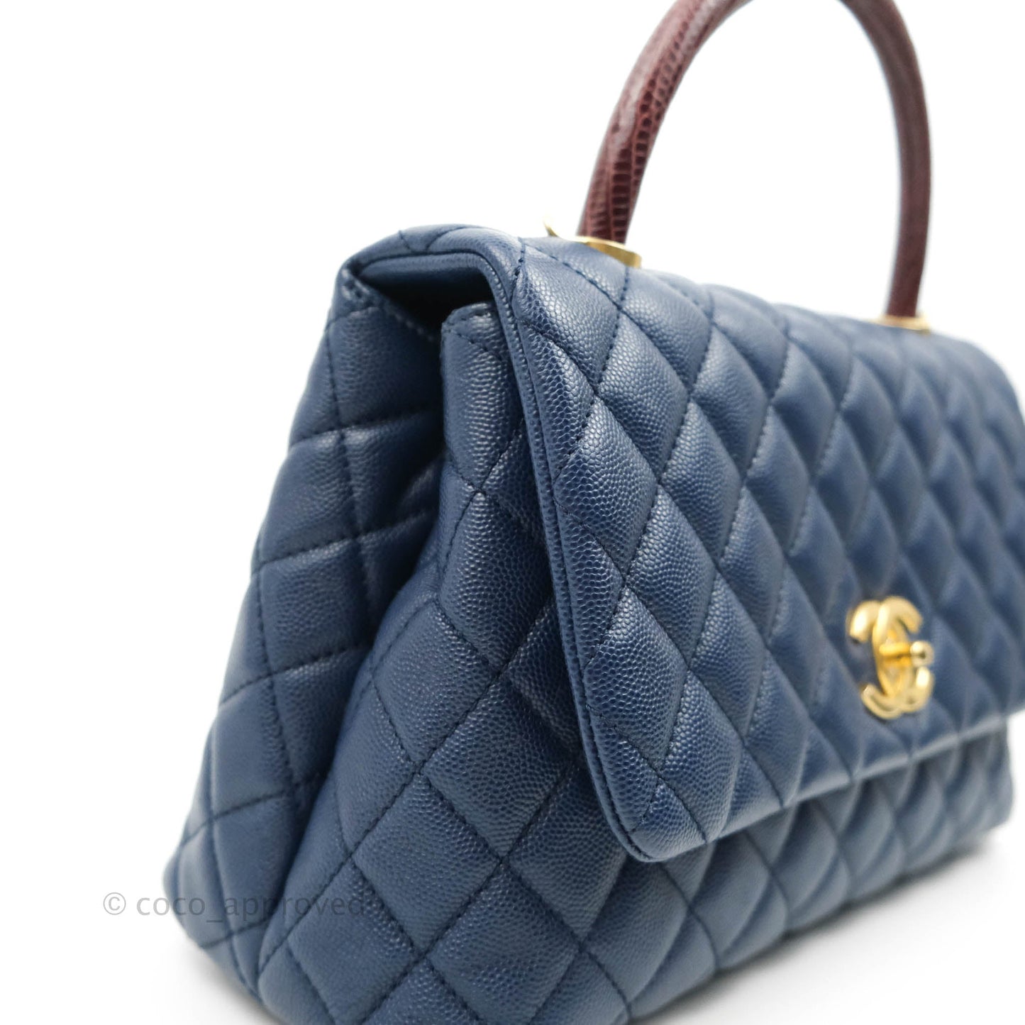Chanel Medium (Small) Coco Handle Quilted Navy Caviar Lizard Handle Gold Hardware