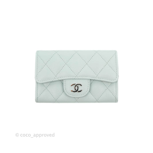Chanel Quilted Classic Flap Card Holder Pale Mint Caviar Silver Hardware