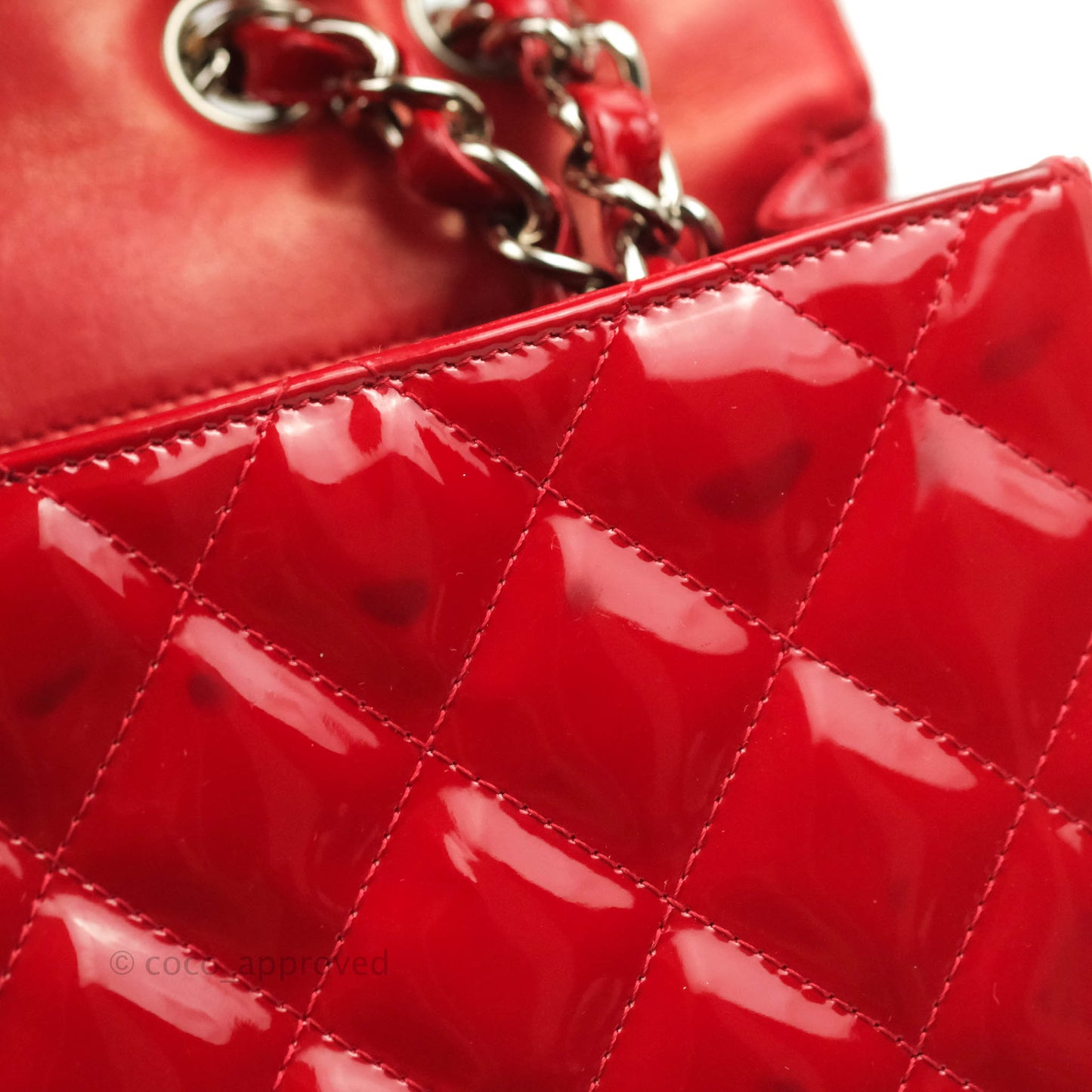 Chanel Quilted Jumbo Red Patent Silver Hardware 10C