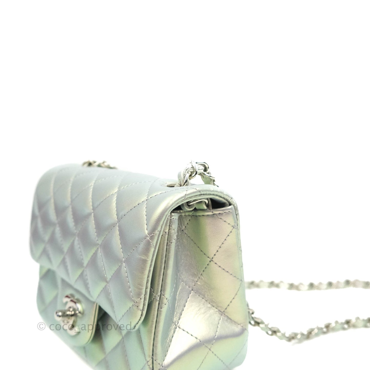 Chanel Mini Square Quilted Iridescent White Lilac Silver Hardware