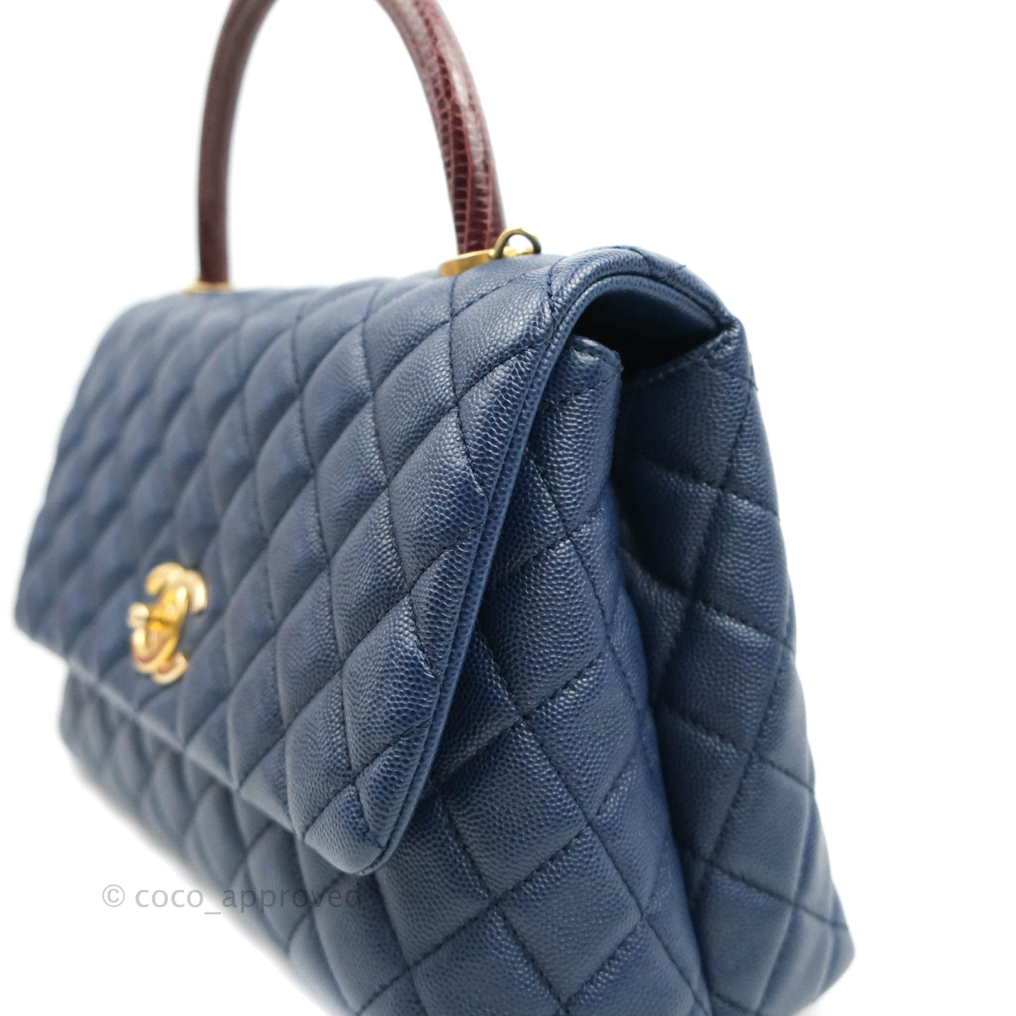 Chanel Medium (Small) Coco Handle Quilted Navy Caviar Lizard Handle Gold Hardware