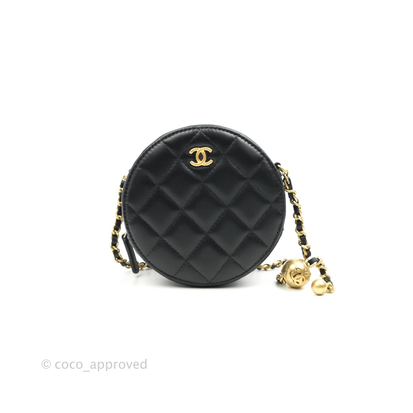 Chanel Quilted Round Pearl Crush Clutch With Chain Black Lambskin Gold Hardware