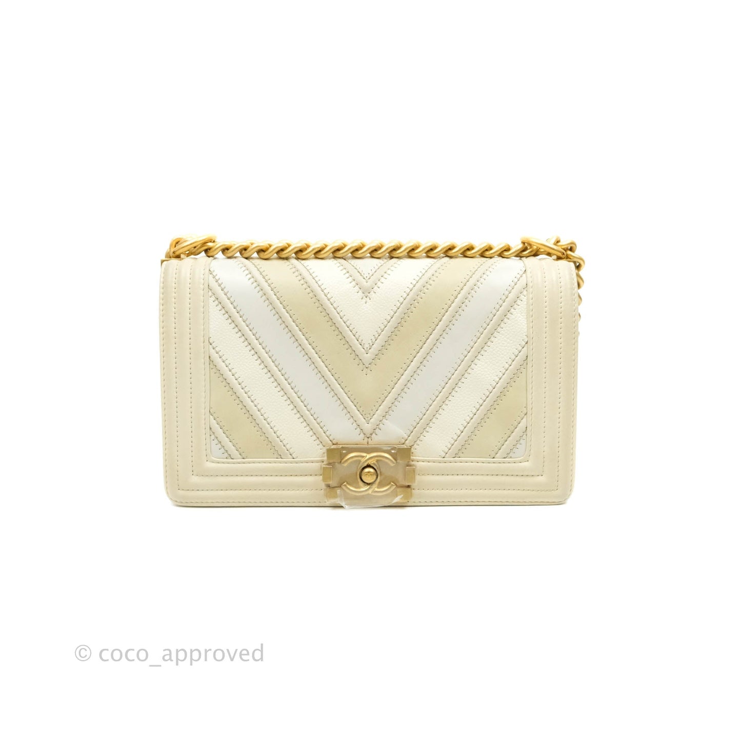 Chanel Medium Chevron Boy Light Beige Calfskin Caviar Aged Gold Hardware