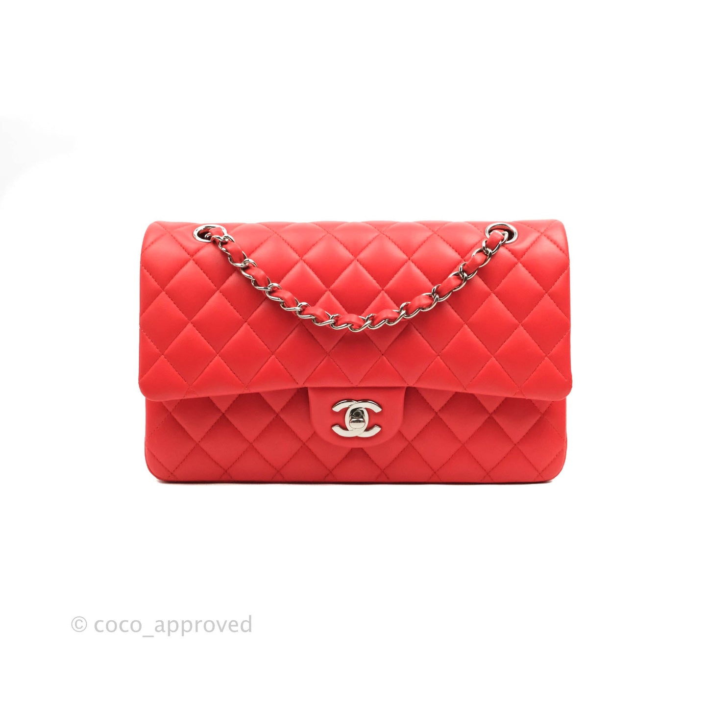 Chanel Classic M/L Medium Double Flap Poppy Red Lambskin Silver Hardware