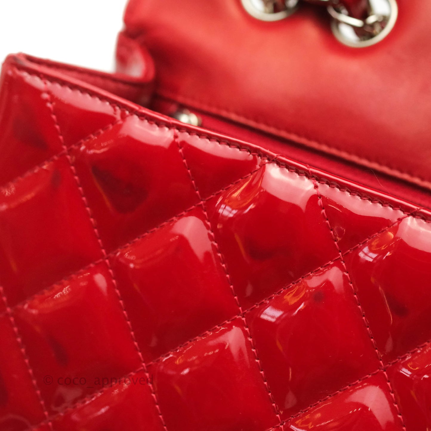 Chanel Quilted Jumbo Red Patent Silver Hardware 10C