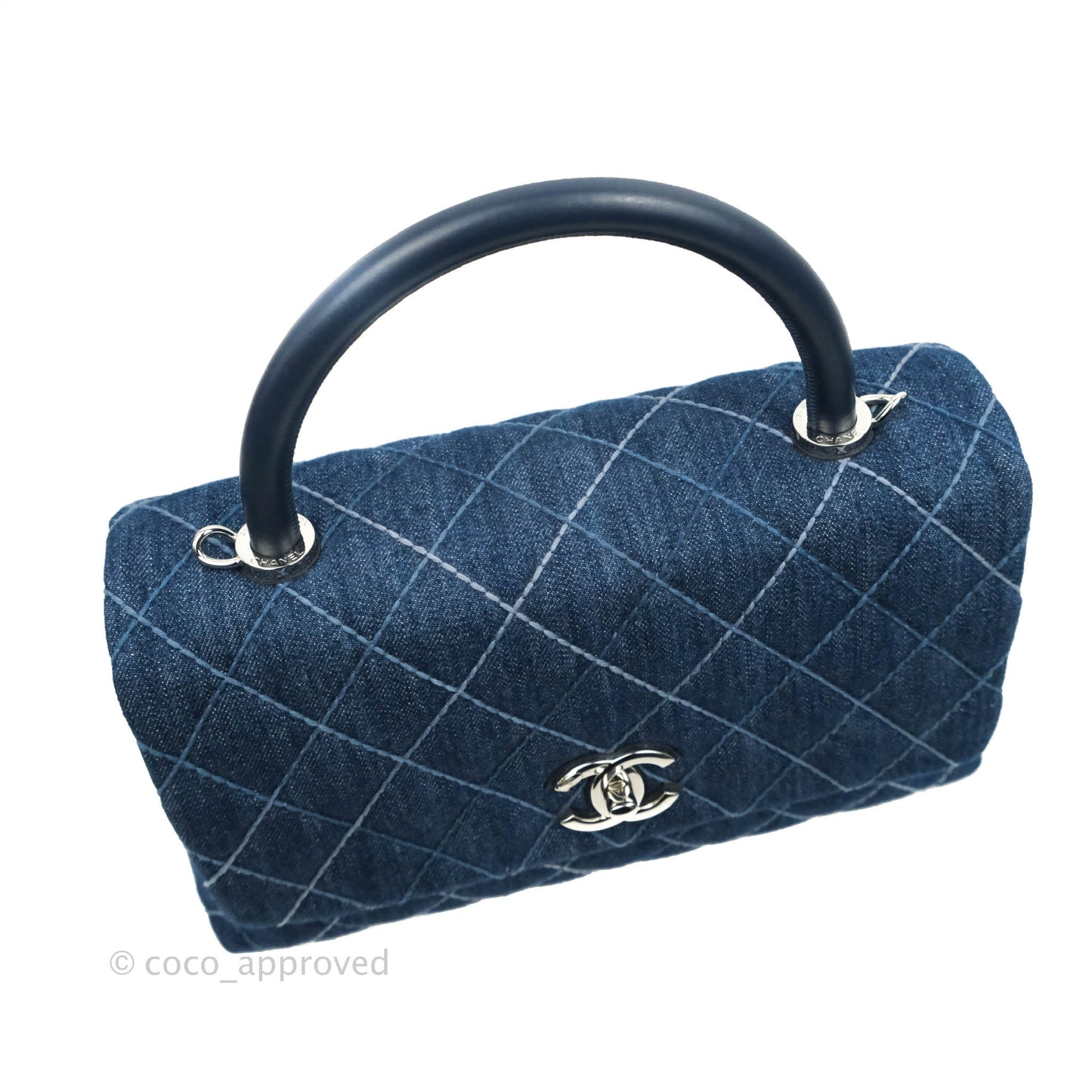 Chanel Medium (Small) Quilted Coco Handle Flap Navy Denim Silver Hardware