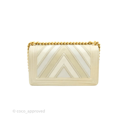 Chanel Medium Chevron Boy Light Beige Calfskin Caviar Aged Gold Hardware