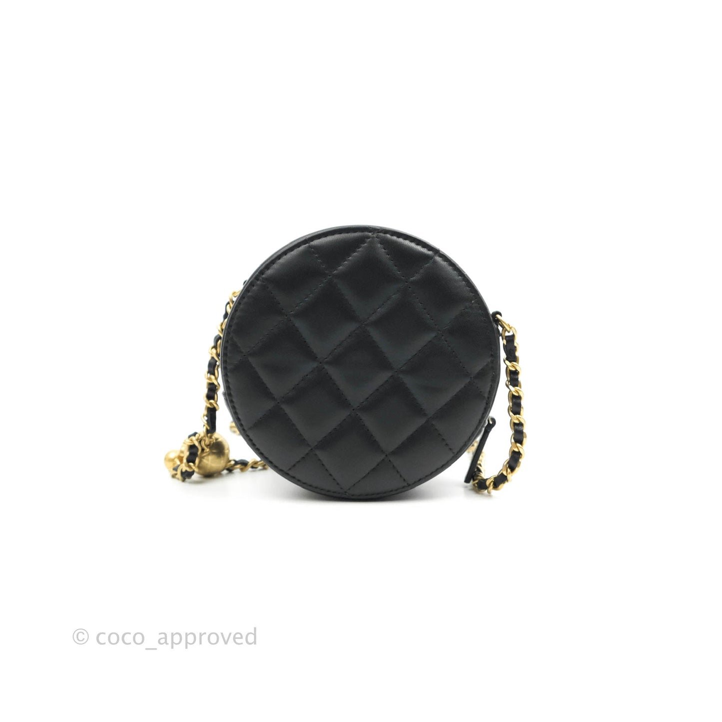 Chanel Quilted Round Pearl Crush Clutch With Chain Black Lambskin Gold Hardware