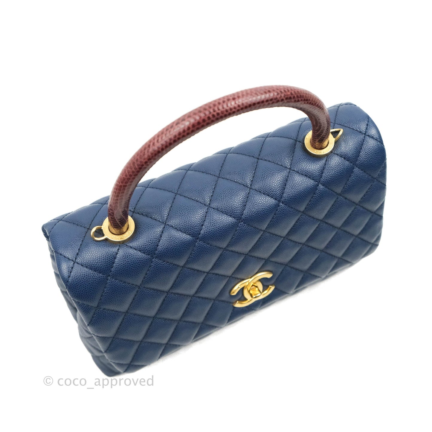 Chanel Medium (Small) Coco Handle Quilted Navy Caviar Lizard Handle Gold Hardware