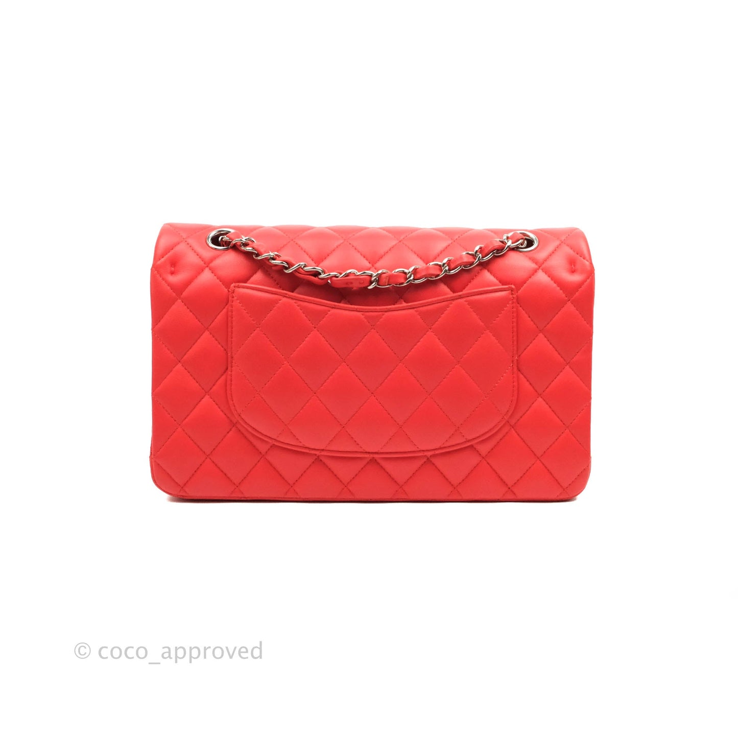 Chanel Classic M/L Medium Double Flap Poppy Red Lambskin Silver Hardware