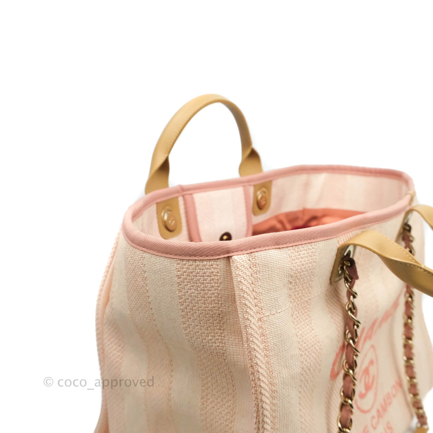 Chanel Large Deauville Pink Stripe Canvas Beige Handle Gold Hardware