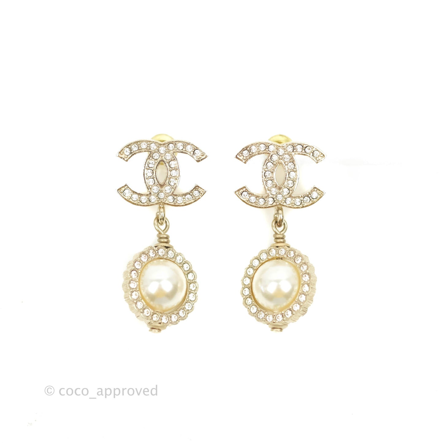 Chanel Crystal CC Drop Pearl Earrings Gold Tone 21V