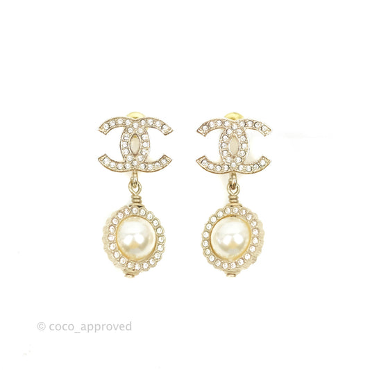 Chanel Crystal CC Drop Pearl Earrings Gold Tone 21V