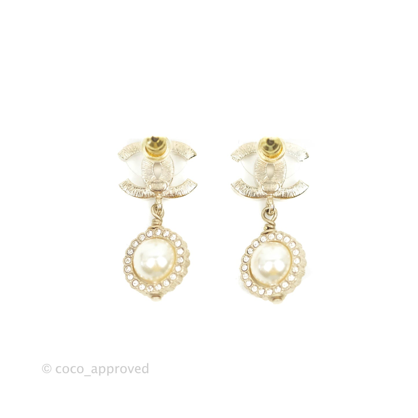 Chanel Crystal CC Drop Pearl Earrings Gold Tone 21V