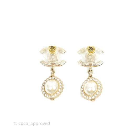 Chanel Crystal CC Drop Pearl Earrings Gold Tone 21V