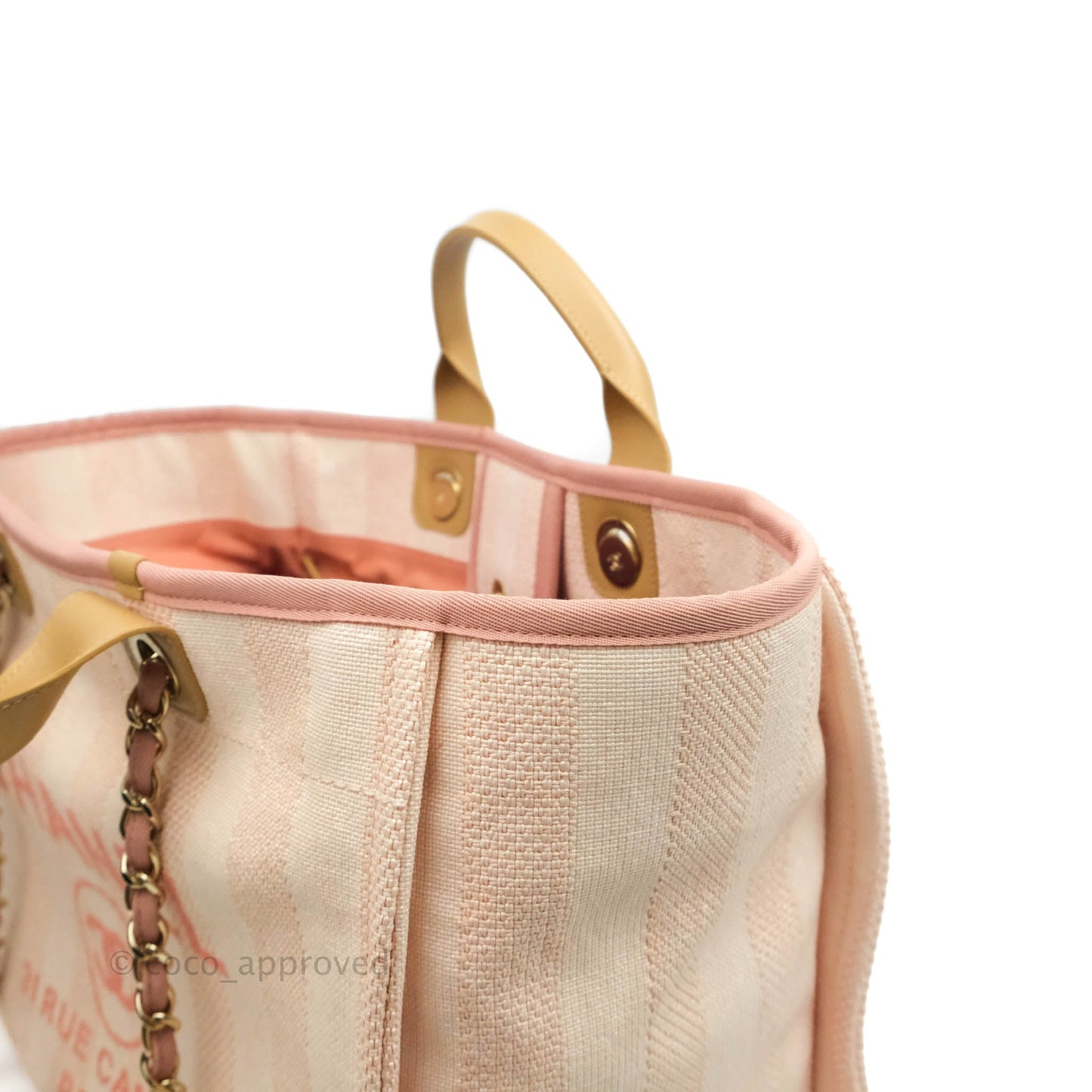 Chanel Large Deauville Pink Stripe Canvas Beige Handle Gold Hardware