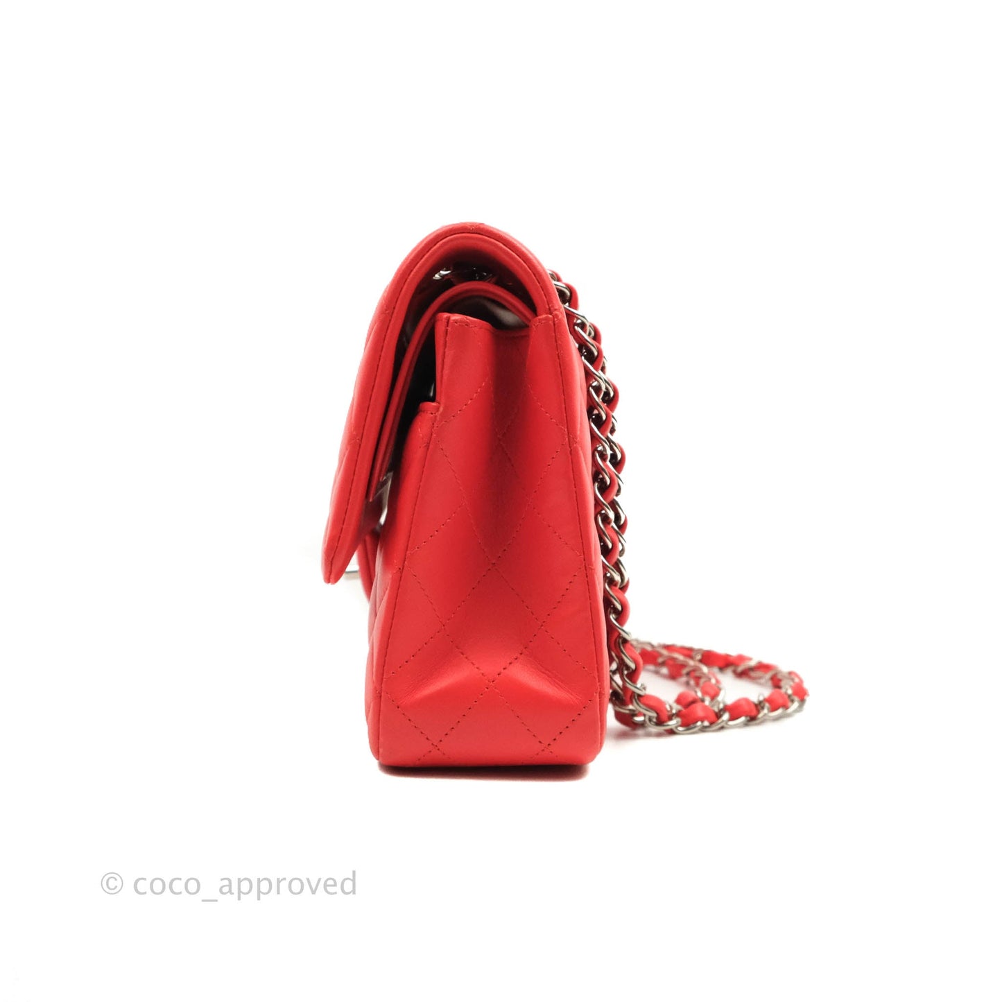Chanel Classic M/L Medium Double Flap Poppy Red Lambskin Silver Hardware