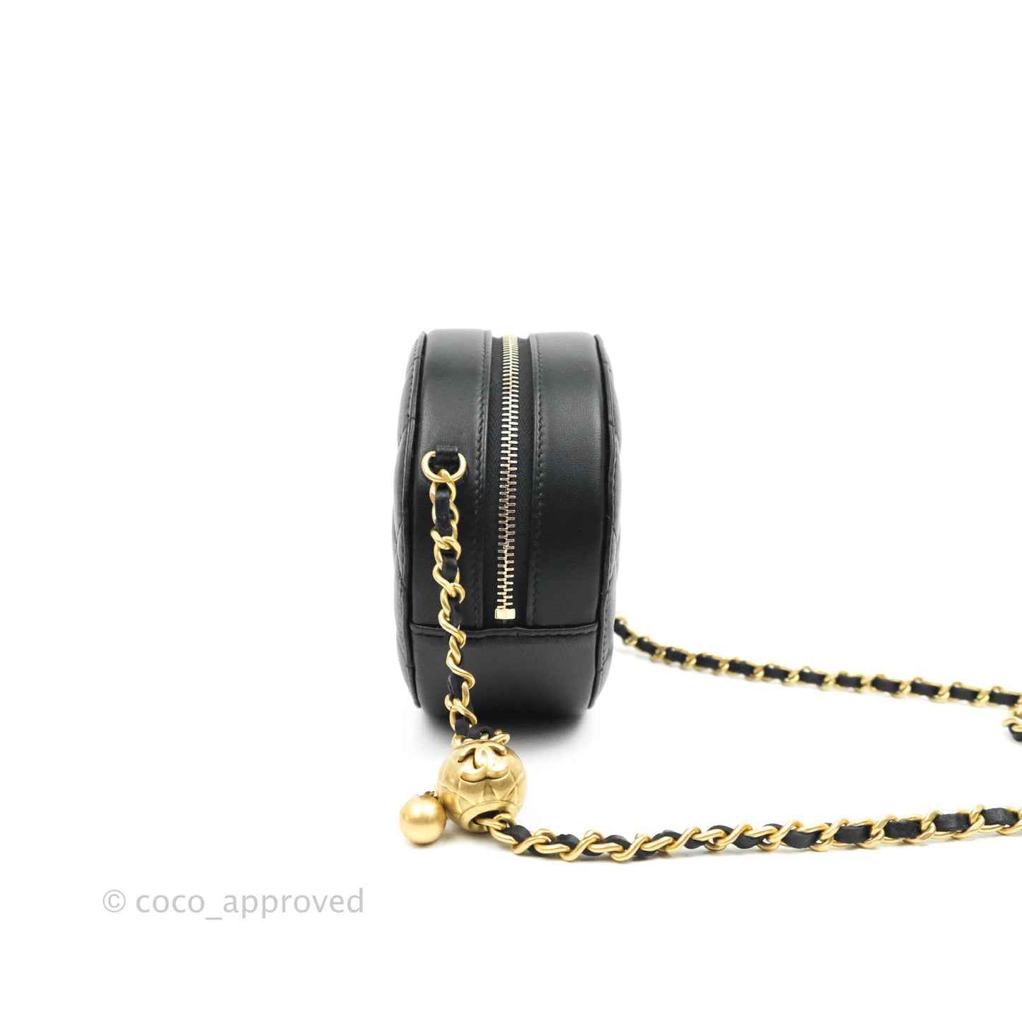 Chanel Quilted Round Pearl Crush Clutch With Chain Black Lambskin Gold Hardware