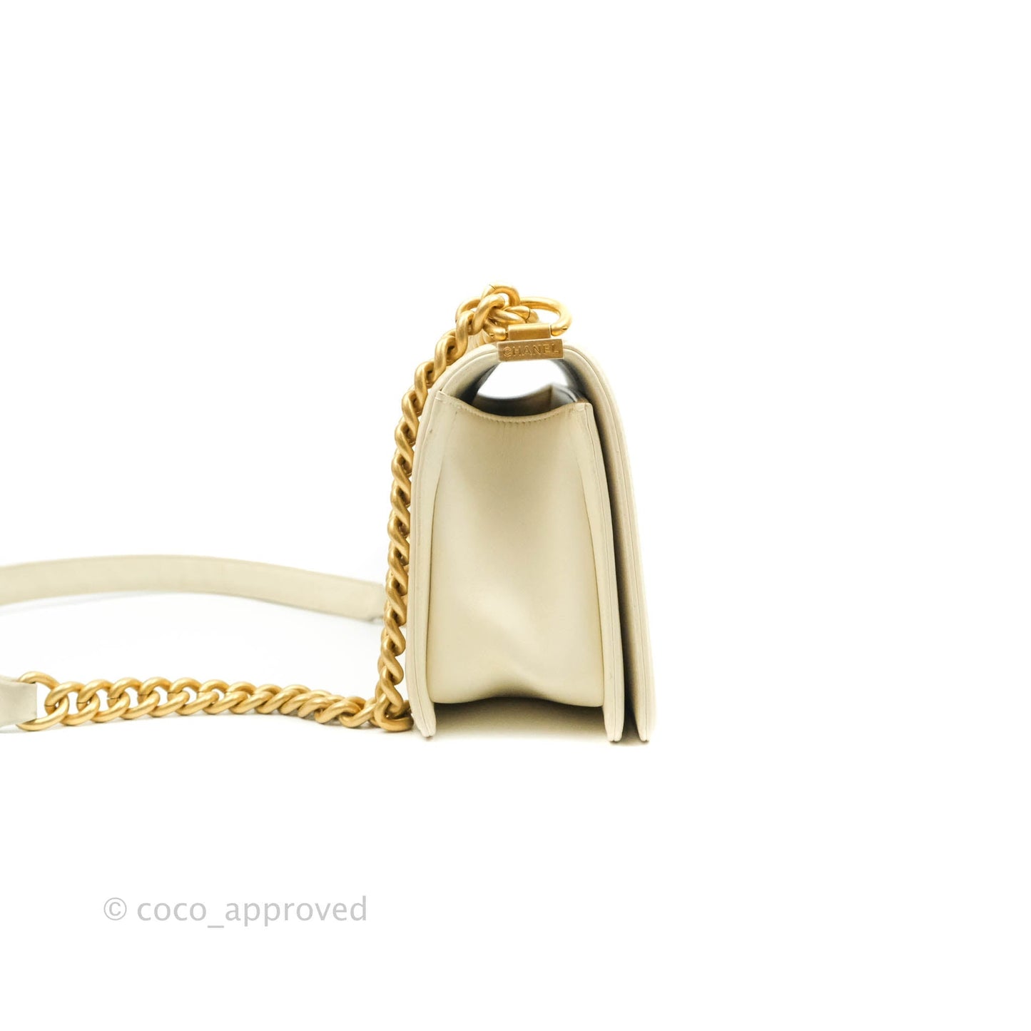 Chanel Medium Chevron Boy Light Beige Calfskin Caviar Aged Gold Hardware