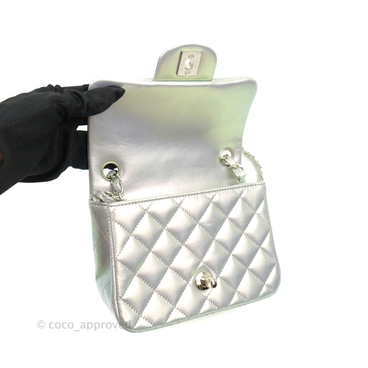 Chanel Mini Square Quilted Iridescent White Lilac Silver Hardware