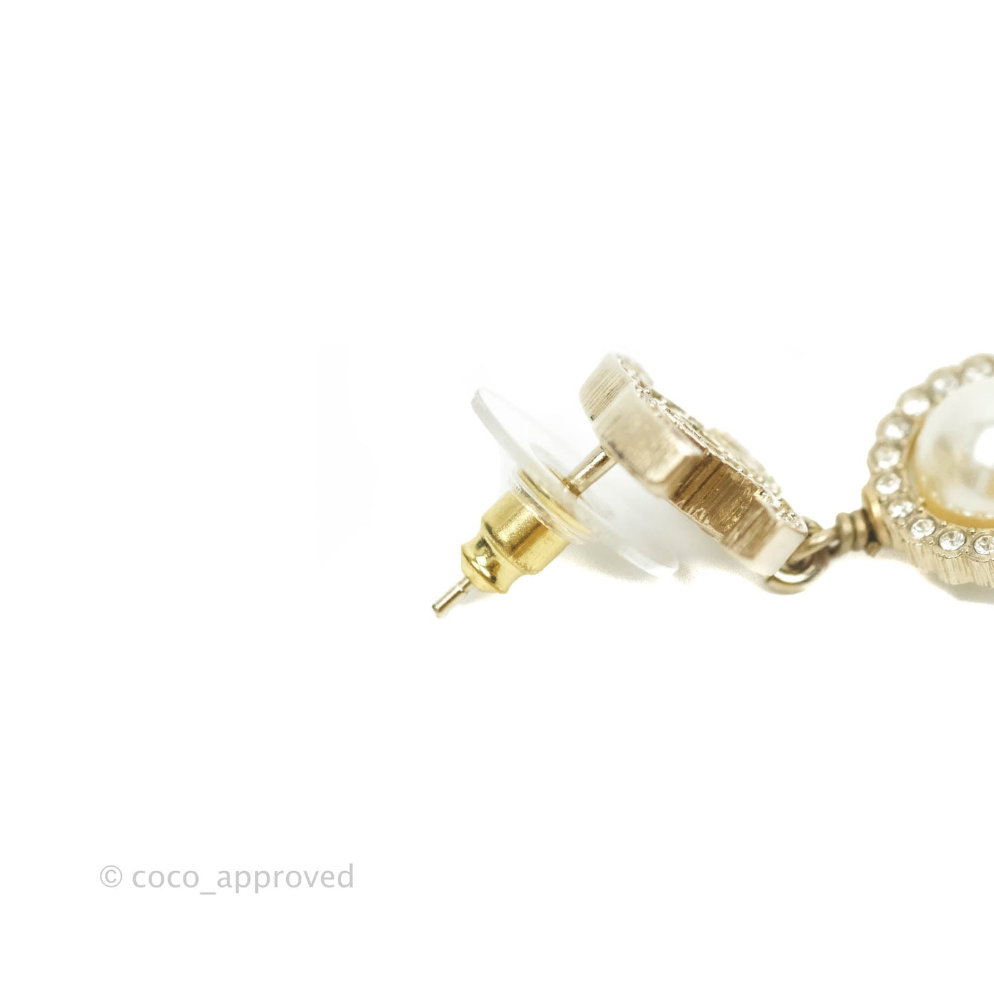 Chanel Crystal CC Drop Pearl Earrings Gold Tone 21V