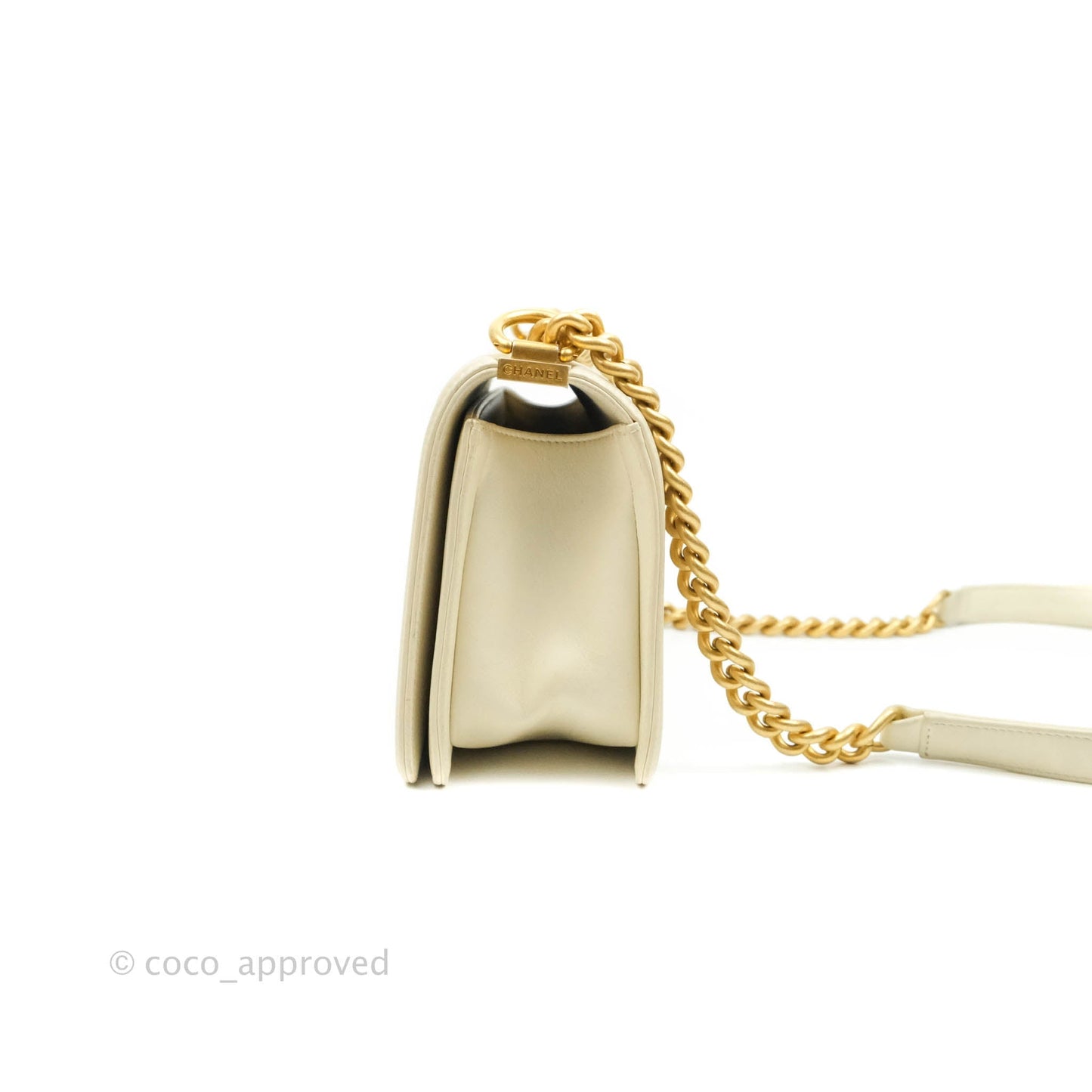 Chanel Medium Chevron Boy Light Beige Calfskin Caviar Aged Gold Hardware