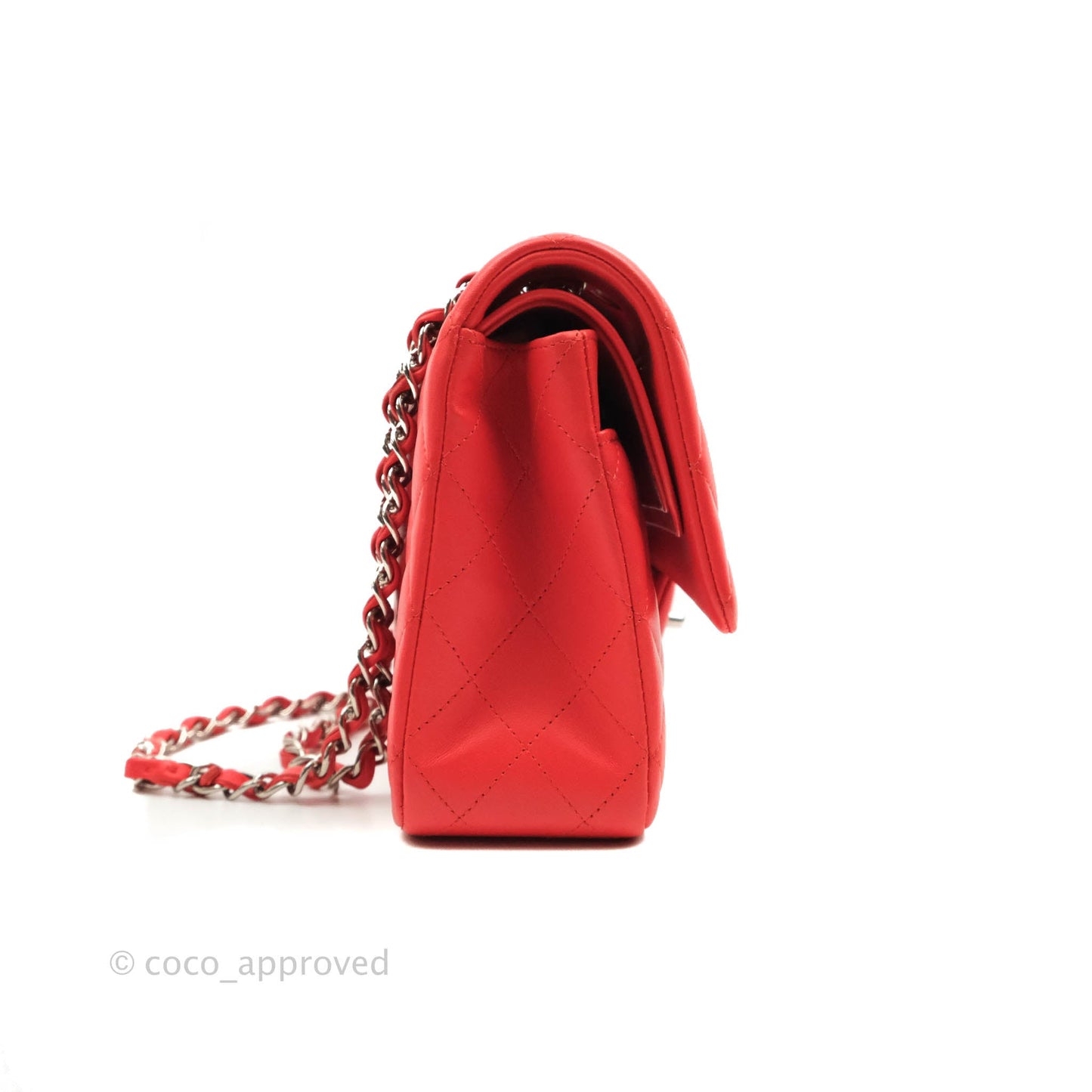 Chanel Classic M/L Medium Double Flap Poppy Red Lambskin Silver Hardware
