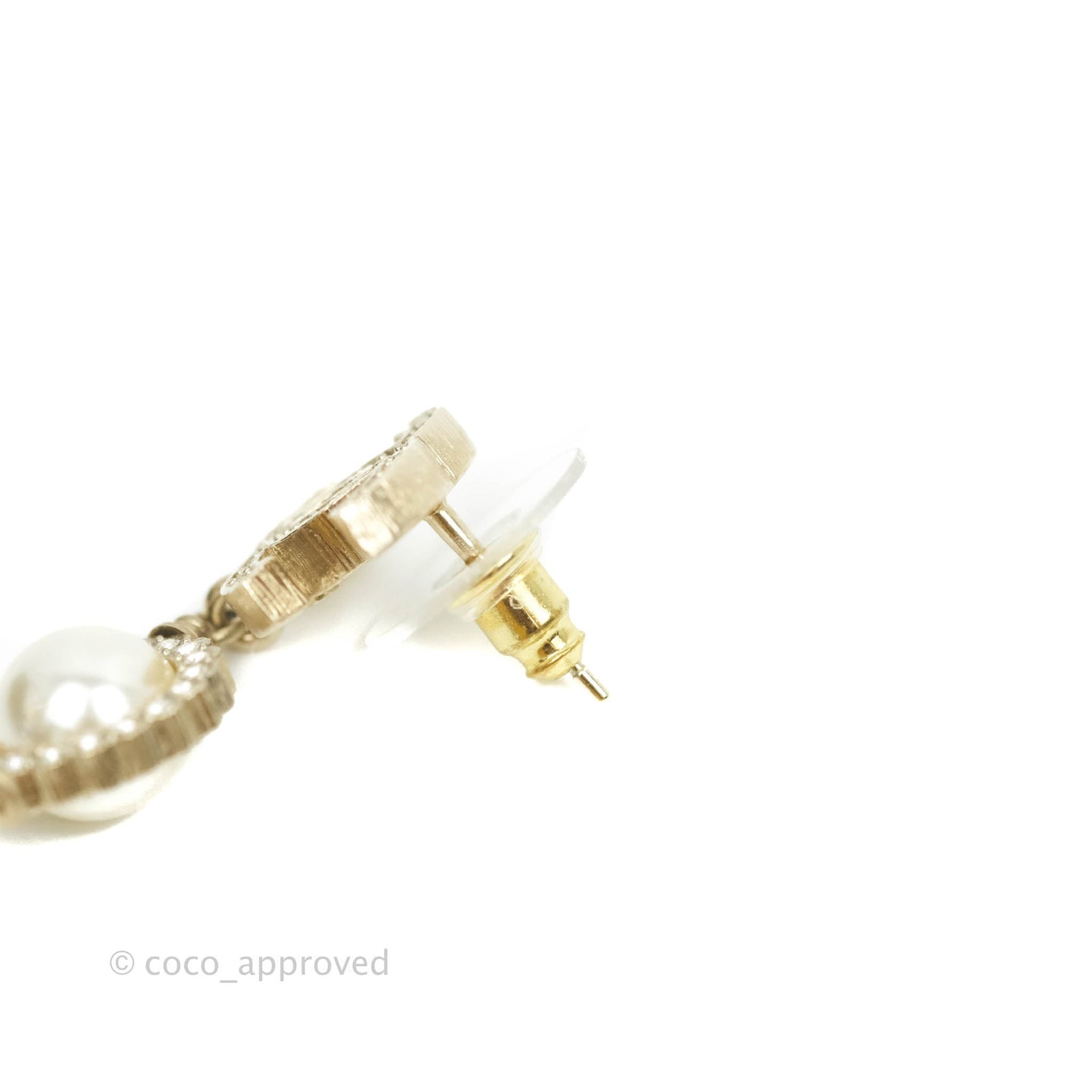 Chanel Crystal CC Drop Pearl Earrings Gold Tone 21V