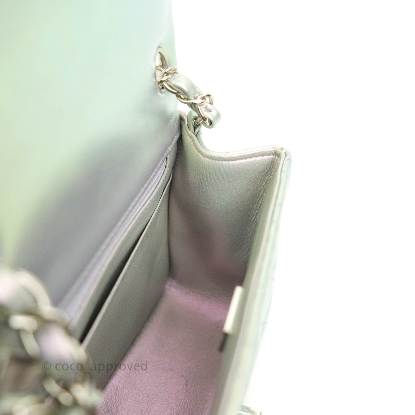 Chanel Mini Square Quilted Iridescent White Lilac Silver Hardware