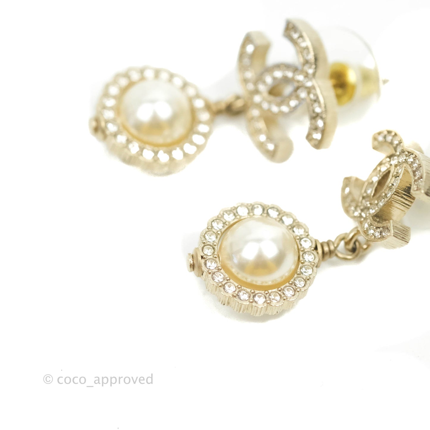 Chanel Crystal CC Drop Pearl Earrings Gold Tone 21V