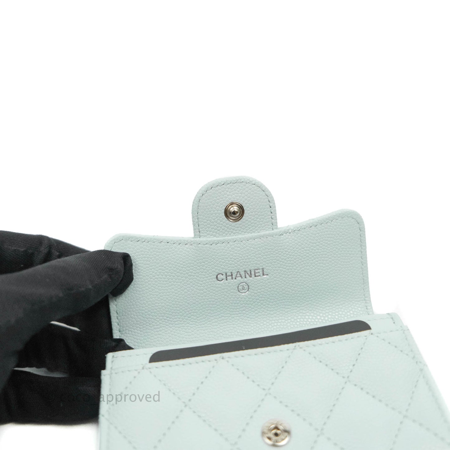 Chanel Quilted Classic Flap Card Holder Pale Mint Caviar Silver Hardware
