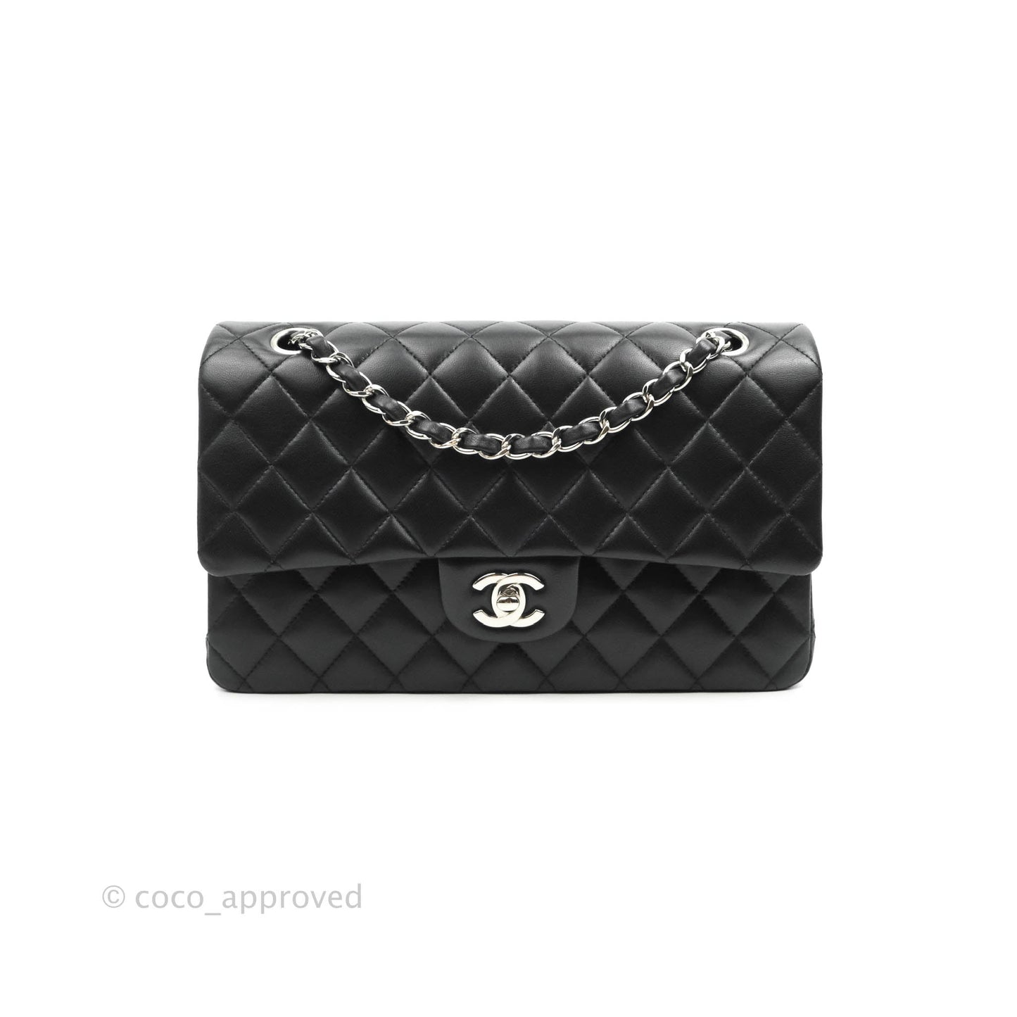 Chanel Classic M/L Medium Double Flap Black Lambskin Silver Hardware