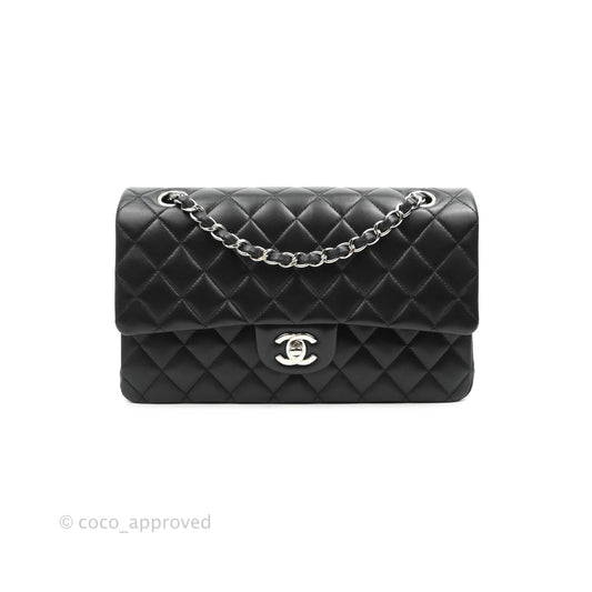 Chanel Classic M/L Medium Double Flap Black Lambskin Silver Hardware