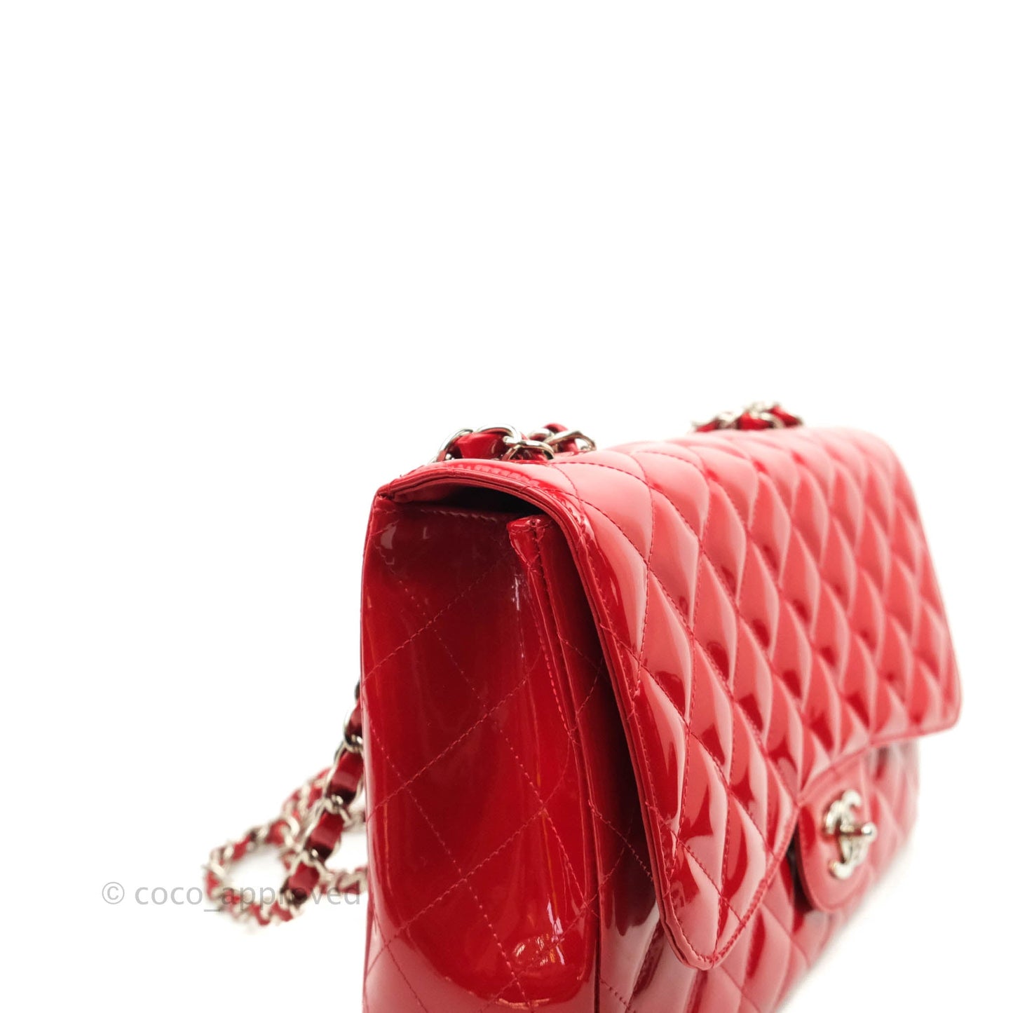 Chanel Quilted Jumbo Red Patent Silver Hardware 10C