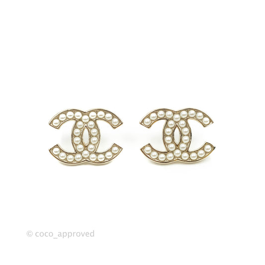Chanel CC Pearl Earrings Gold Tone 21P