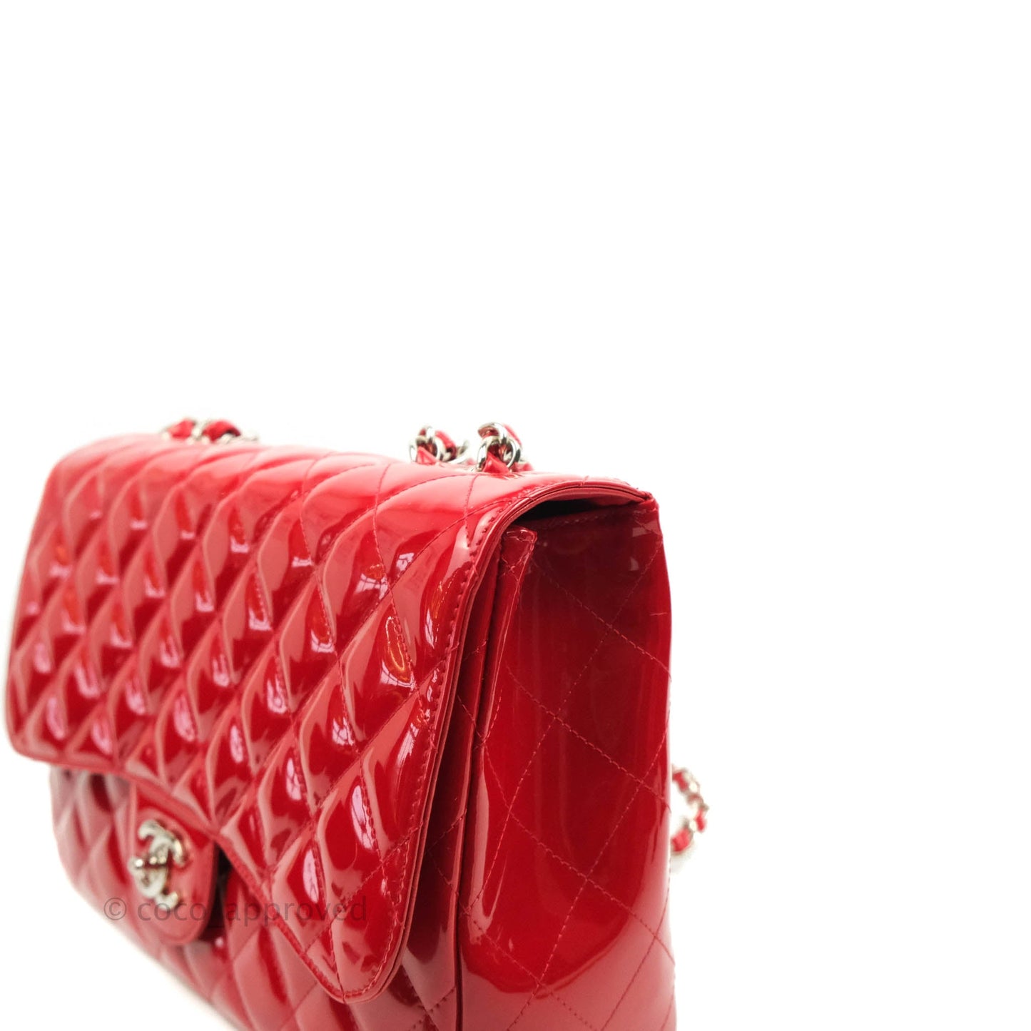 Chanel Quilted Jumbo Red Patent Silver Hardware 10C